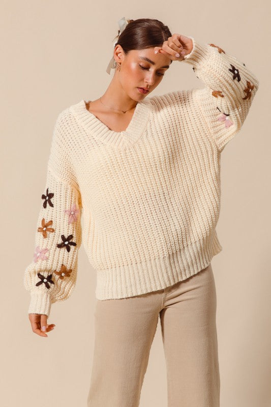 Oatmeal Sweater with Floral Sleeve