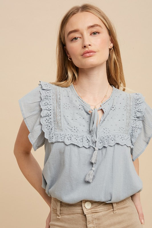 Eyelet Flutter Sleeve Blouse