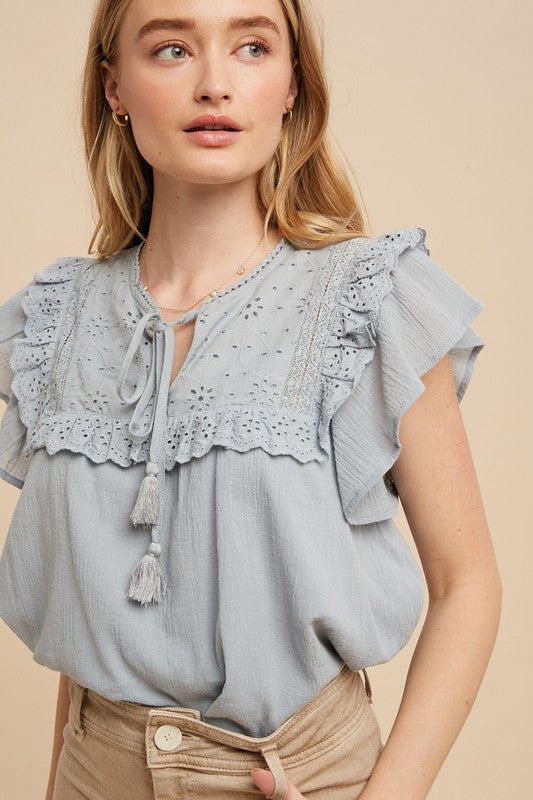 Eyelet Flutter Sleeve Blouse