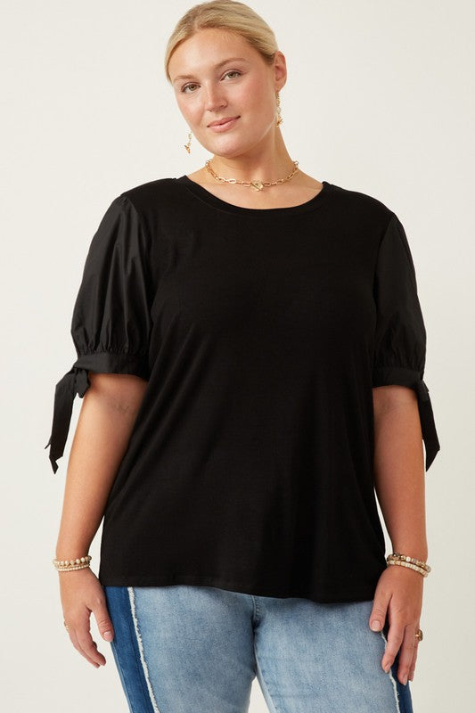 Black Poplin Tie Sleeve Top