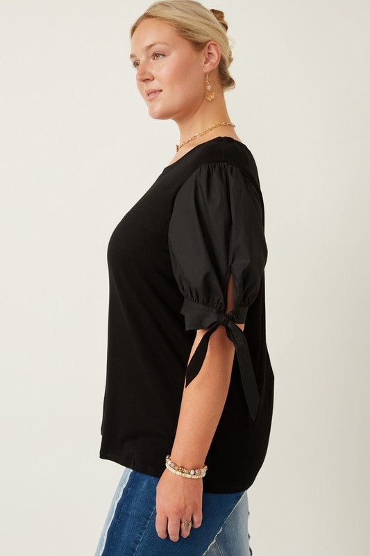 Black Poplin Tie Sleeve Top