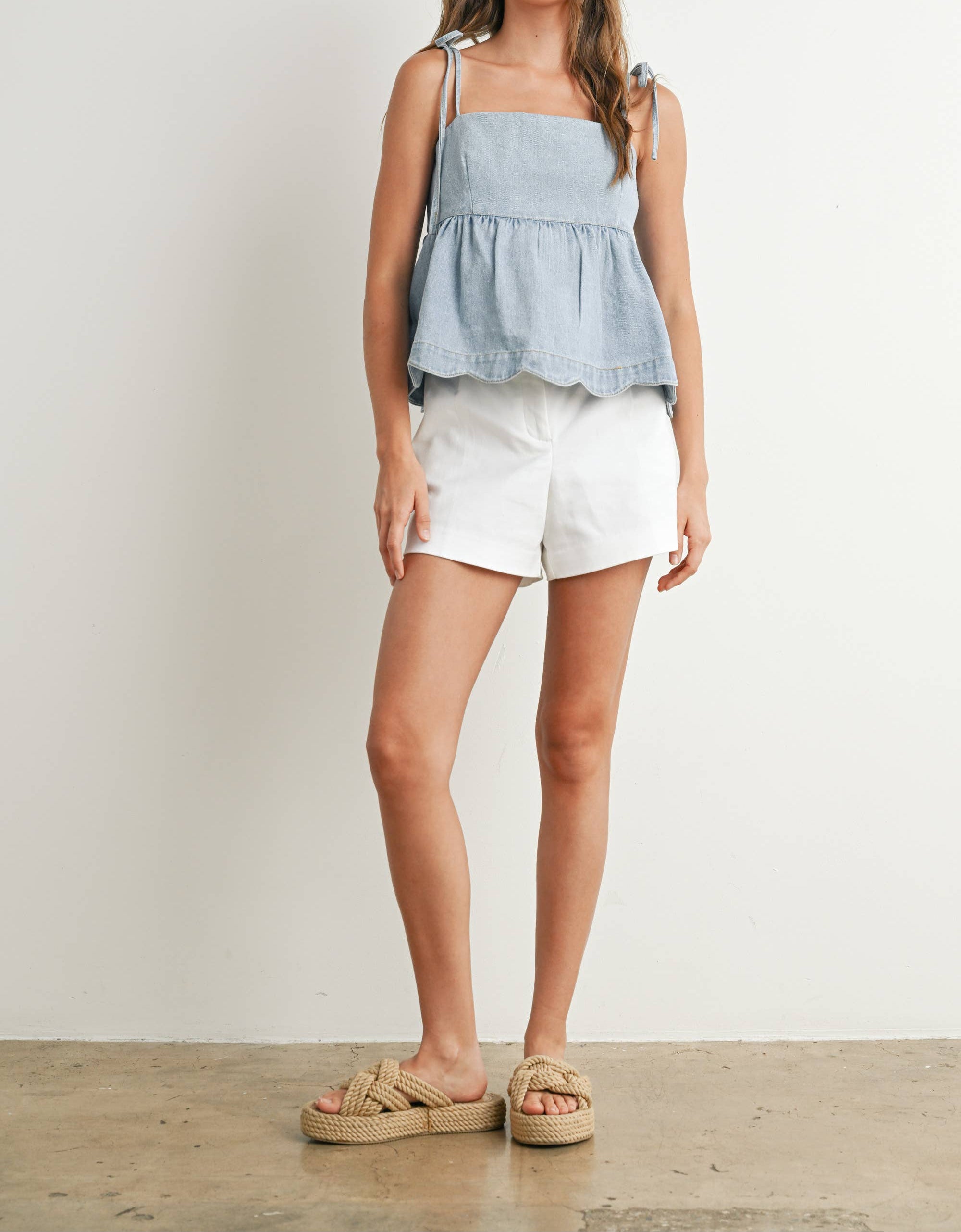 Denim Tie-Strap Peplum Top