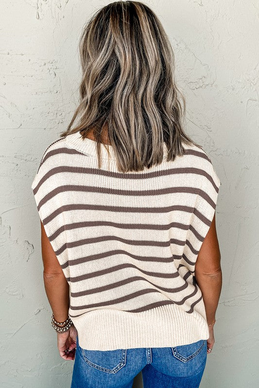 Brown Stripe Short Sleeve Sweater