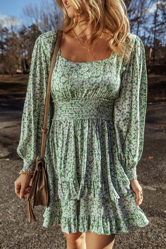 Green Floral Square Neck Dress