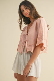 Oatmeal Embroidered Front Tie Blouse