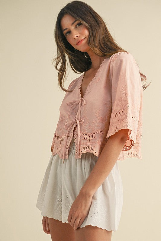 Oatmeal Embroidered Front Tie Blouse