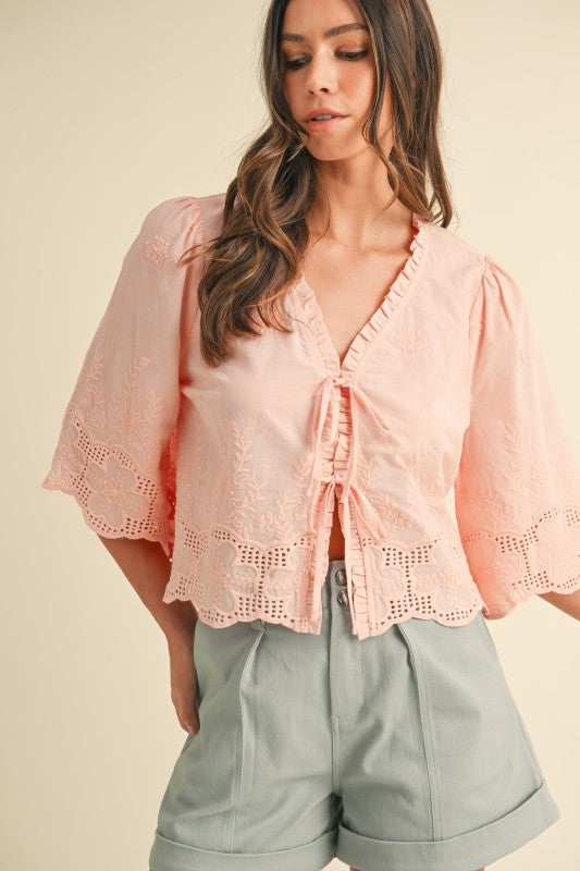 Oatmeal Embroidered Front Tie Blouse