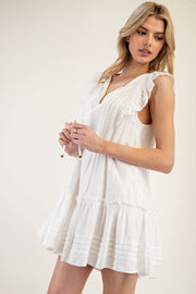 Off White Ruffle Drawstring Dress
