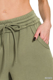 Light Olive Fleece Raw Hem Short