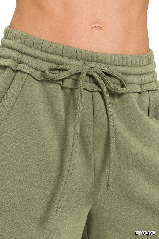Light Olive Fleece Raw Hem Short