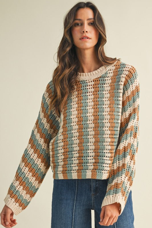 Vertical Stripe Dolman Sleeve Textured Sweater Top