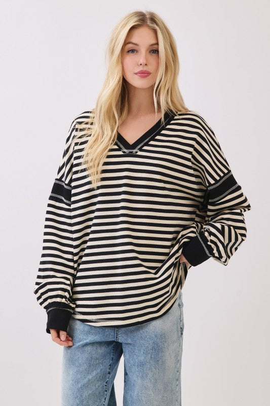 Stripe Balloon Sleeve Black & Cream