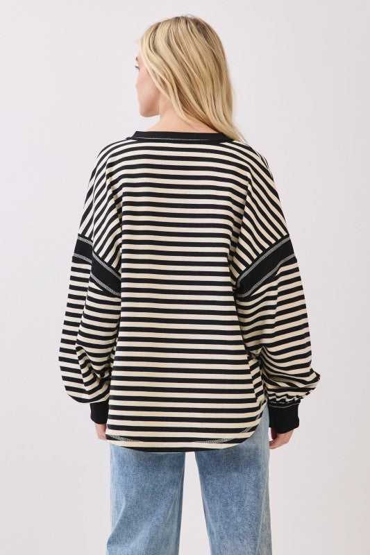 Stripe Balloon Sleeve Black & Cream