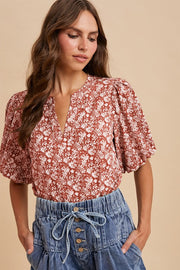 Floral Print Short Puff Sleeve Blouse