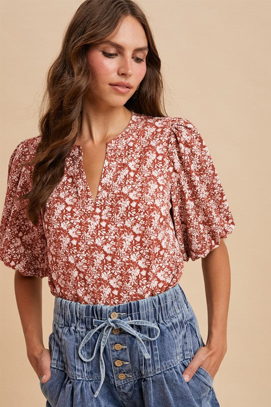 Floral Print Short Puff Sleeve Blouse