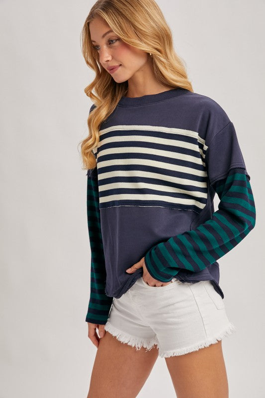 Stripe Contrast Long Sleeve Loose Fit Pullover