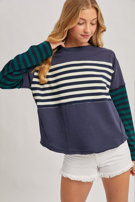 Stripe Contrast Long Sleeve Loose Fit Pullover