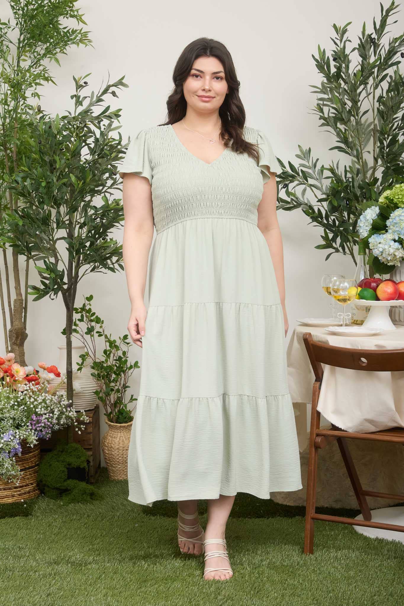 Flutter Sleeve V Neck Midi Dress