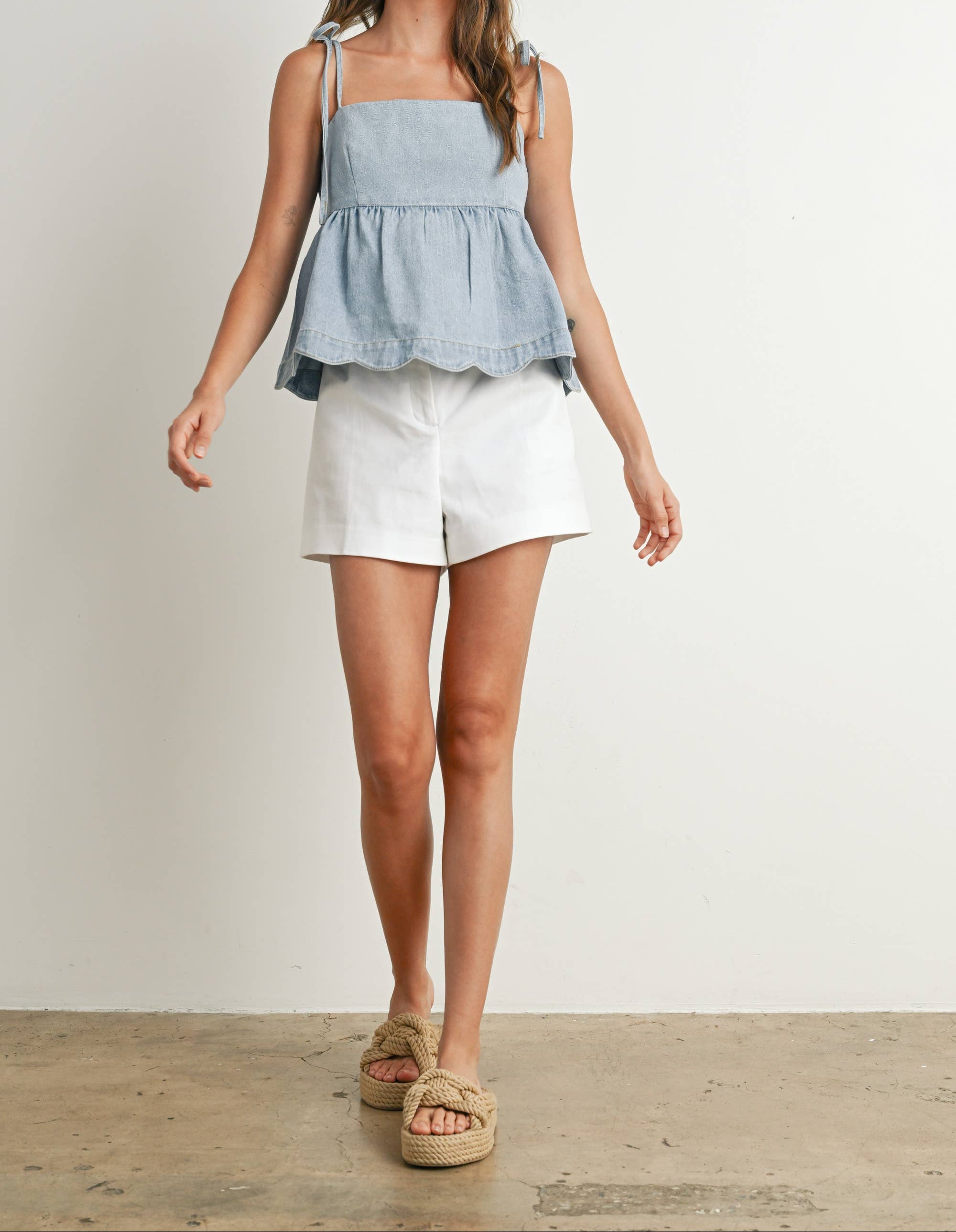 Denim Tie-Strap Peplum Top