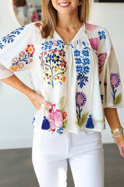 Floral with Tassel Tie Blouse