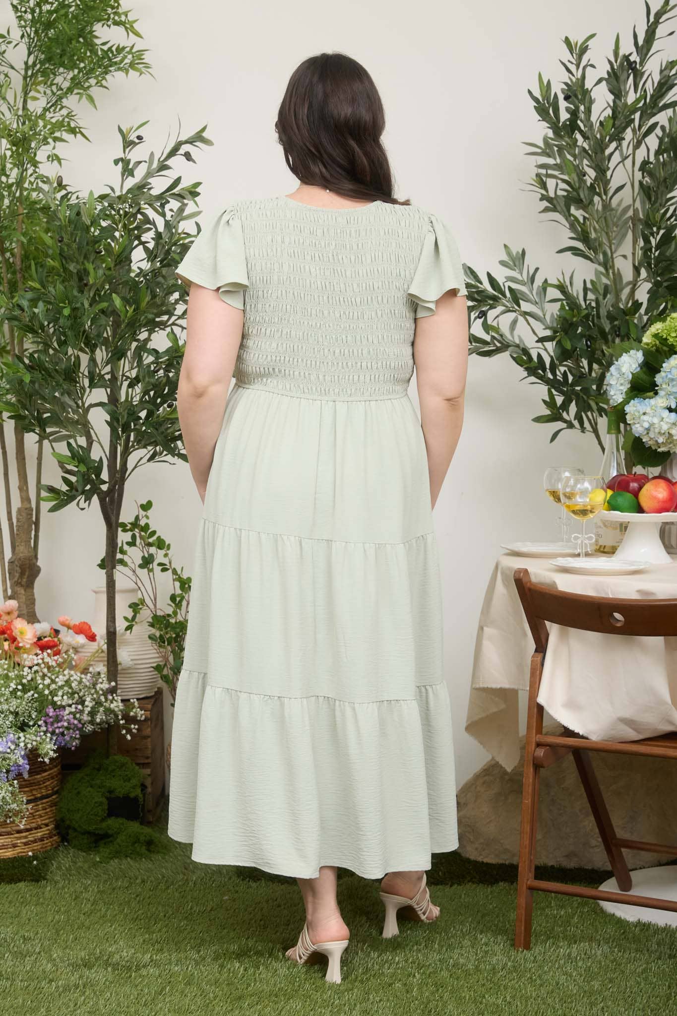 Flutter Sleeve V Neck Midi Dress