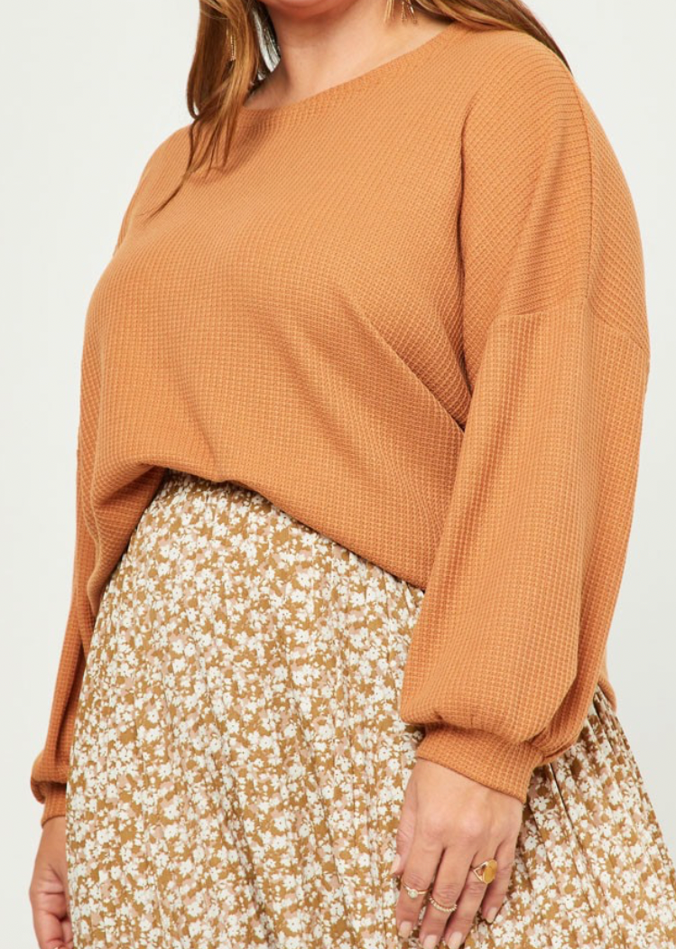 Waffle Knit Slouchy Top - Mustard