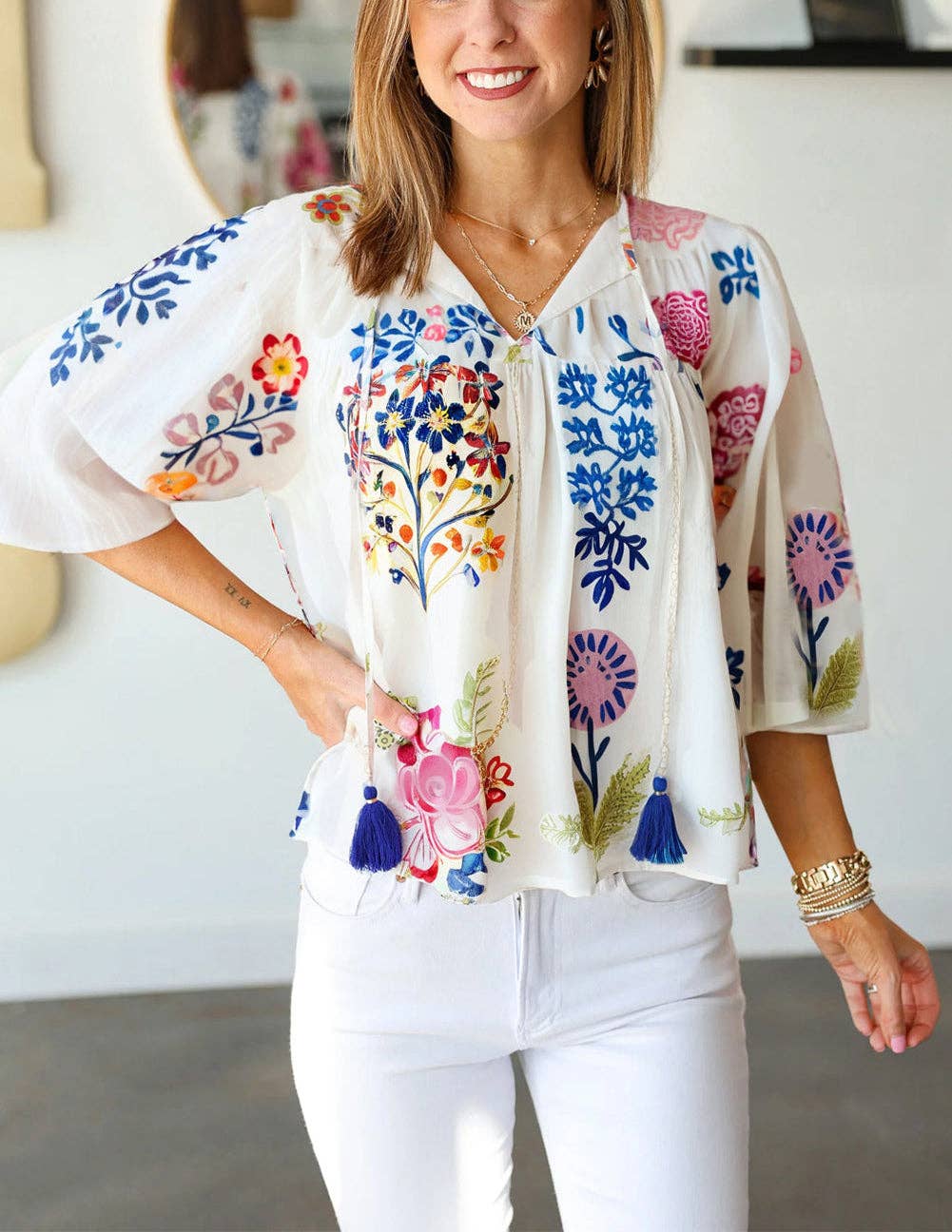 Floral with Tassel Tie Blouse