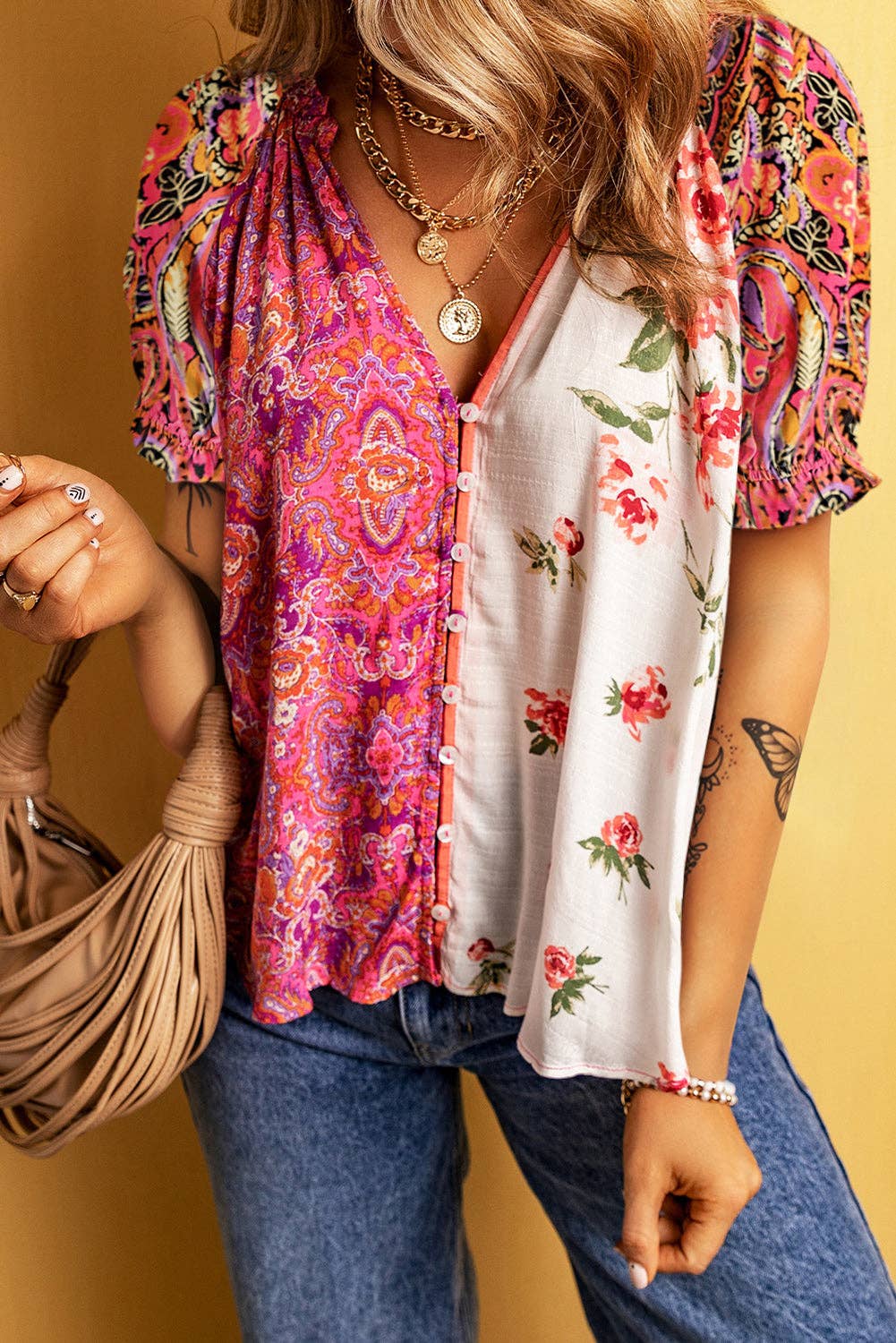 Boho Patchwork Short Sleeve Blouse