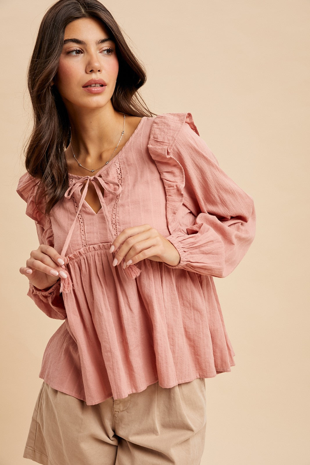 Self Tie Long Sleeve Blouse