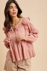 Self Tie Long Sleeve Blouse